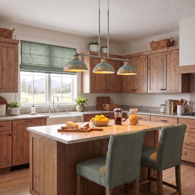 Kinsley 3-light Island Light in Aged Galvanized Steel, AI-visualized kitchen scene - Golden Lighting