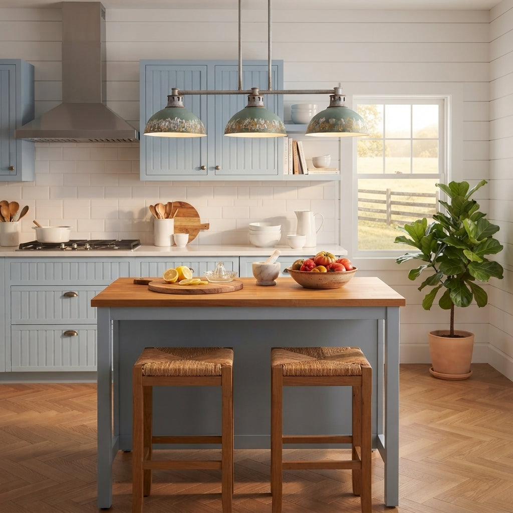 Kinsley 3-light Island Light in Antique Teal shade, AI-visualized kitchen scene - Golden Lighting