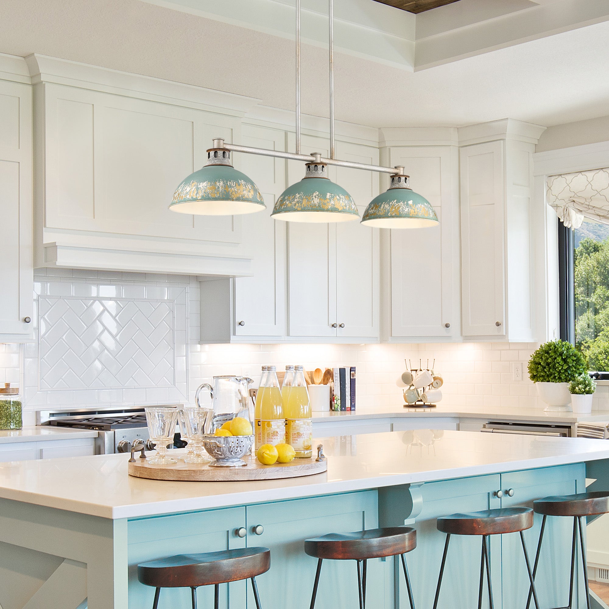 Kinsley Linear Pendant in Aged Galvanized Steel with Antique Teal Shade - Default Title - Golden Lighting