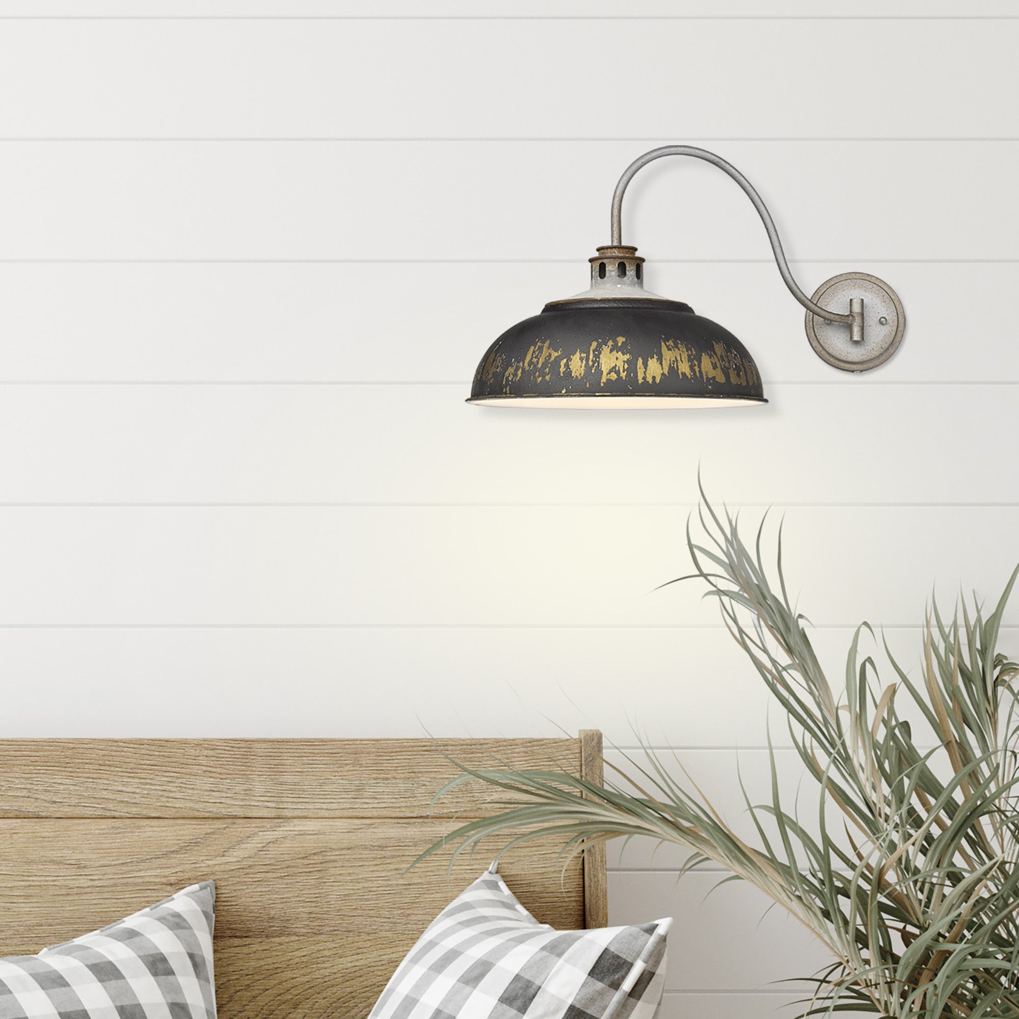 Kinsley 1 Light Articulating Wall Sconce in Aged Galvanized Steel with Antique Black Iron Shade - Incandescent,Type A / 1 x 100W(M) / 14"L x 12.625"H x 21.5"E - Golden Lighting