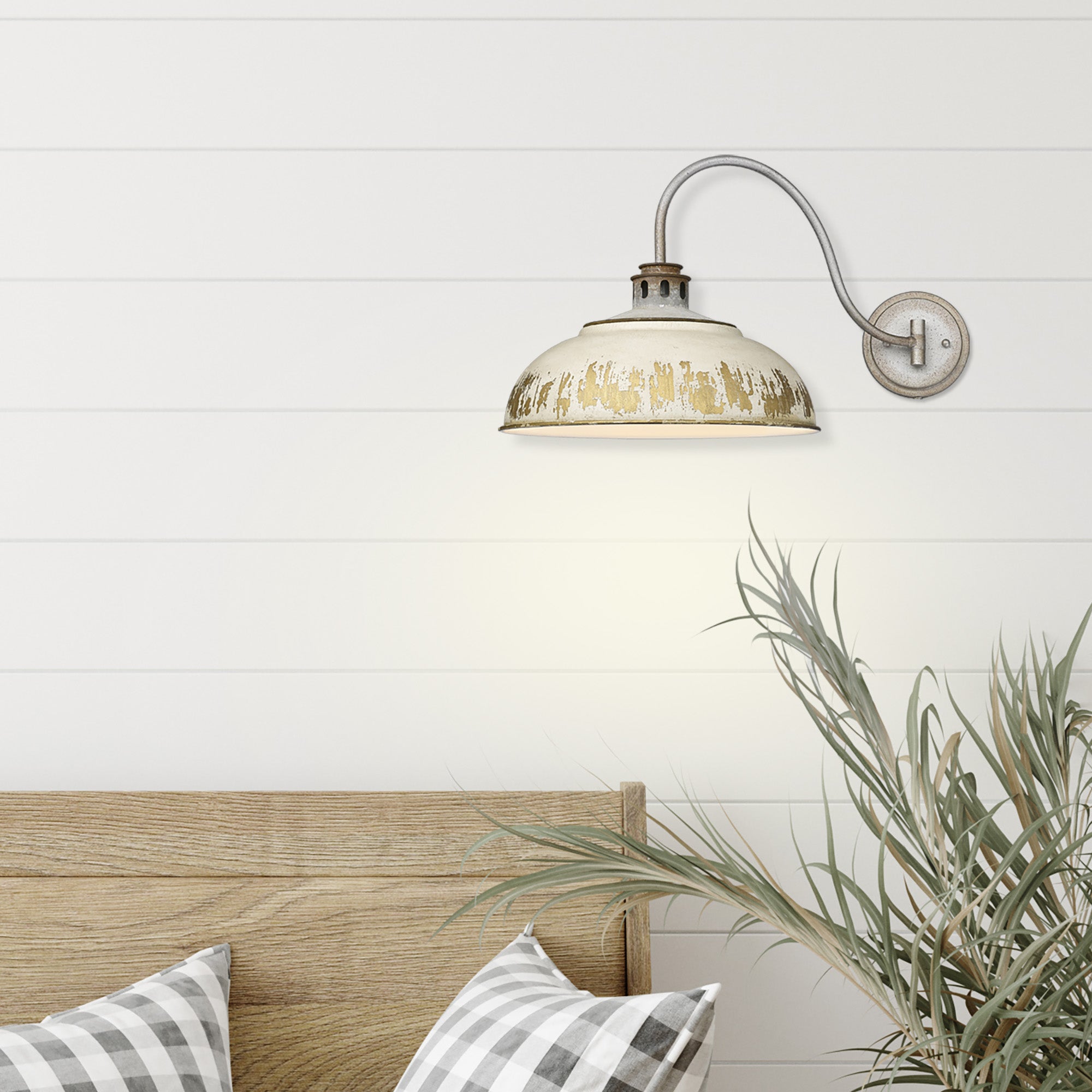 Kinsley 1 Light Articulating Wall Sconce in Aged Galvanized Steel with Antique Ivory Shade - Incandescent,Type A / 1 x 100W(M) / 14"L x 12.625"H x 21.5"E - Golden Lighting