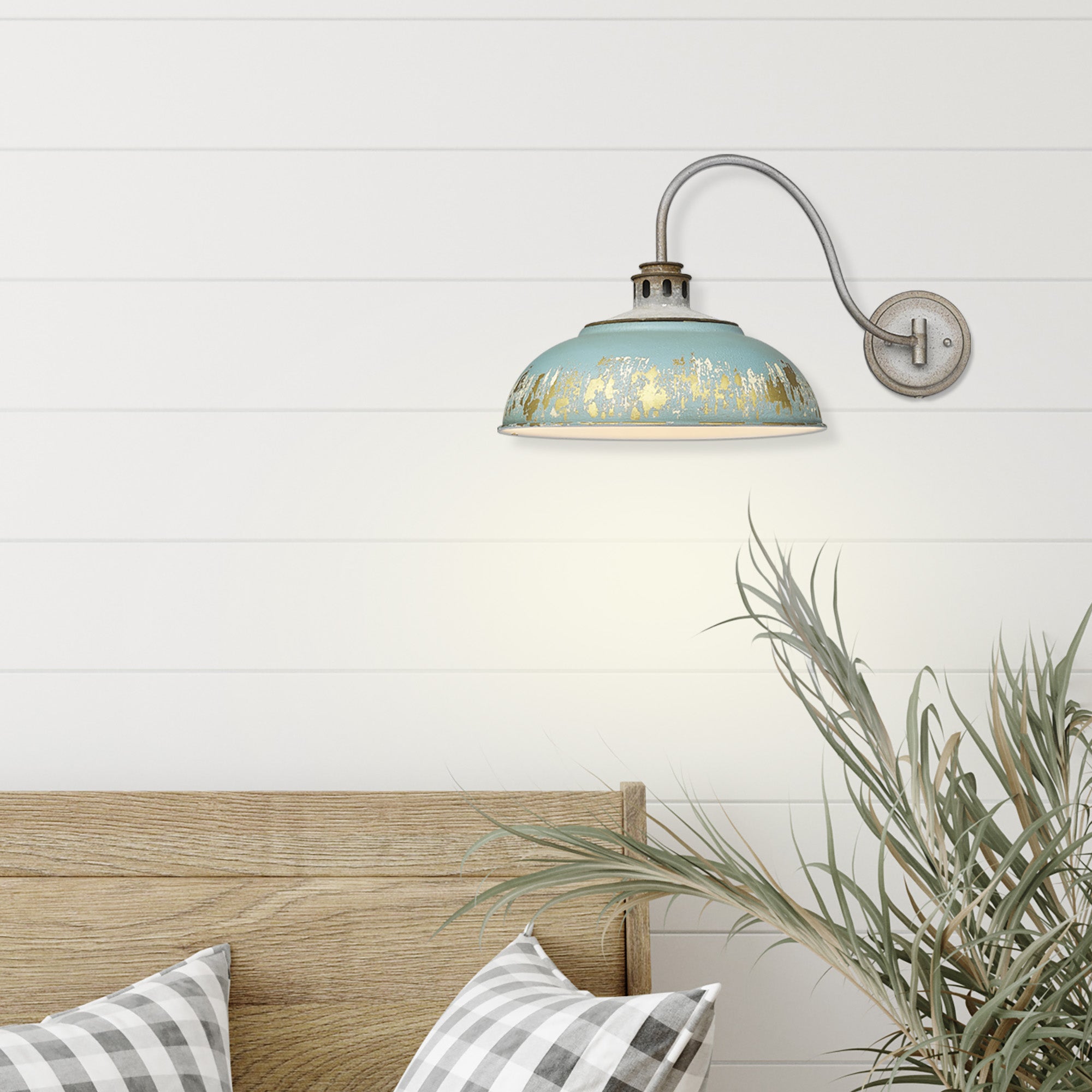 Kinsley 1 Light Articulating Wall Sconce in Aged Galvanized Steel with Antique Teal Shade - Default Title - Golden Lighting