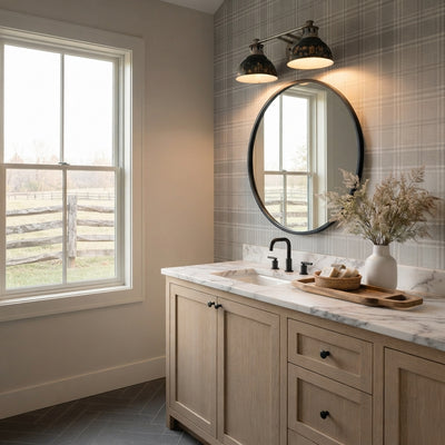 Kinsley 2-light Vanity in Antique Black Iron shade, AI-visualized bathroom scene - Golden Lighting