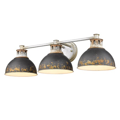 Kinsley 3 Light Bath Vanity in Aged Galvanized Steel with Antique Black Iron Shade - - Golden Lighting