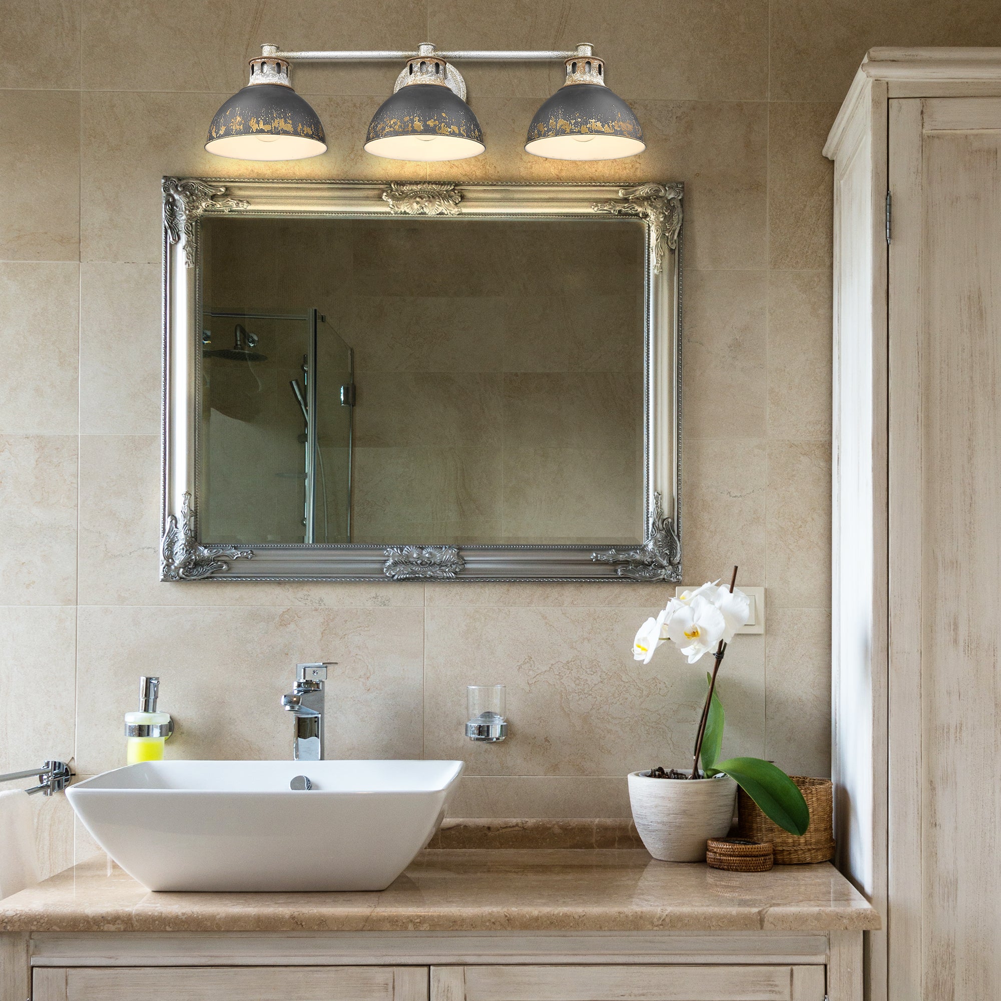 Kinsley 3 Light Bath Vanity in Aged Galvanized Steel with Antique Black Iron Shade - Default Title - Golden Lighting