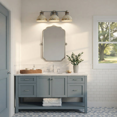 Kinsley 3-light Vanity in Antique Ivory shade, AI-visualized bathroom scene - Golden Lighting