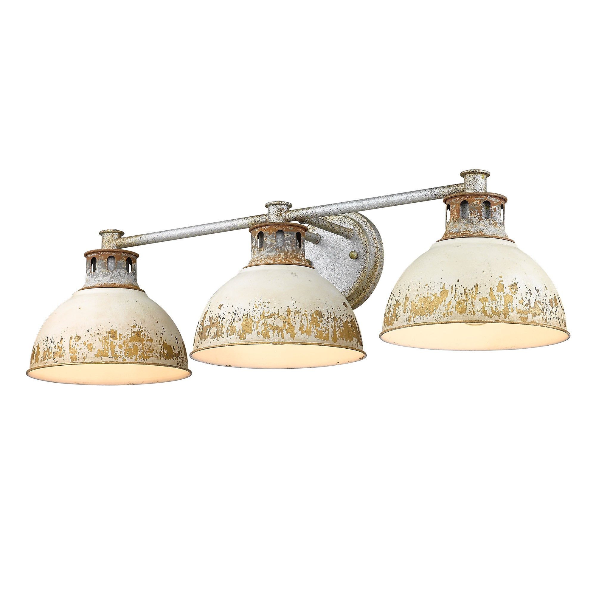 Kinsley 3 Light Bath Vanity in Aged Galvanized Steel with Antique Ivory Shade - - Golden Lighting