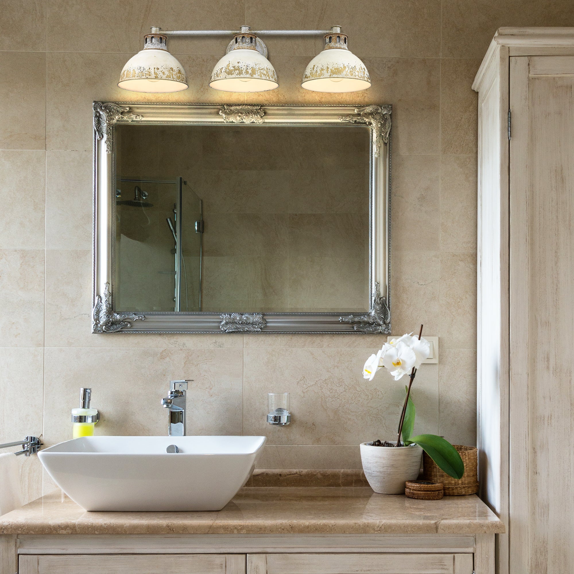 Kinsley 3 Light Bath Vanity in Aged Galvanized Steel with Antique Ivory Shade - Default Title - Golden Lighting