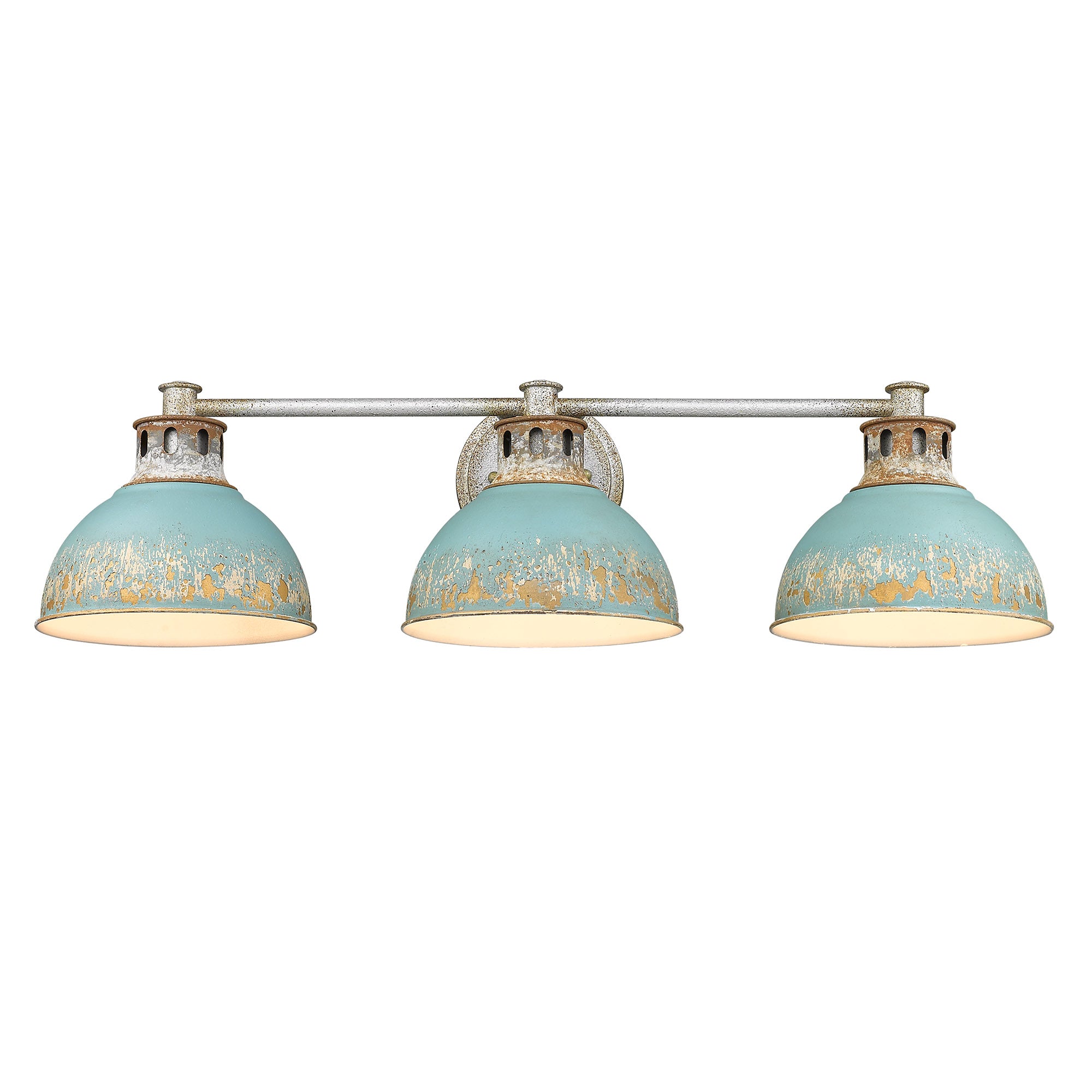 Kinsley 3 Light Bath Vanity in Aged Galvanized Steel with Teal Shade - Aged Galvanized Steel / Antique Teal / Blue - Golden Lighting