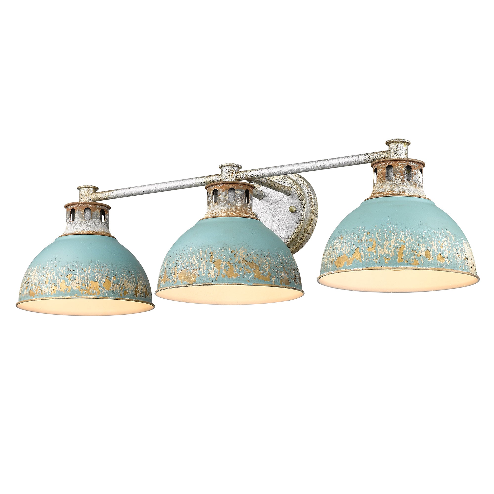 Kinsley 3 Light Bath Vanity in Aged Galvanized Steel with Teal Shade - - Golden Lighting