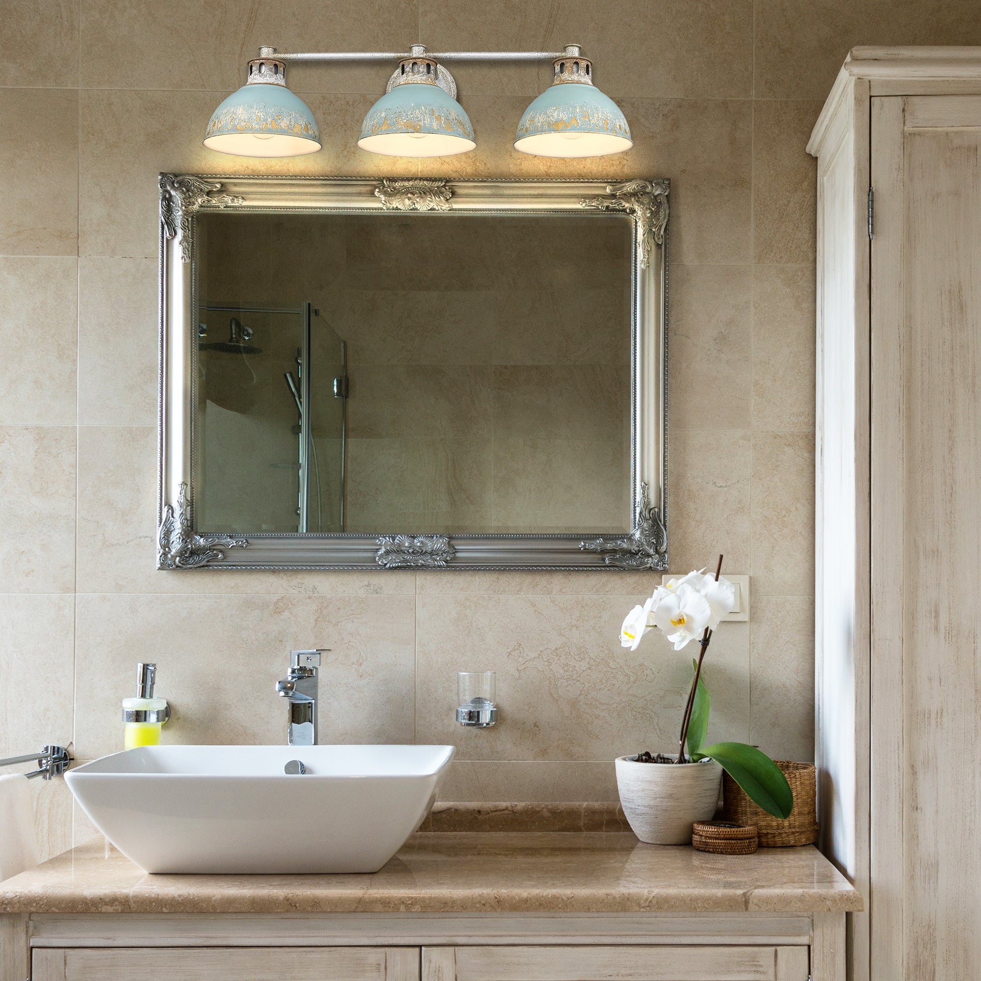 Kinsley 3 Light Bath Vanity in Aged Galvanized Steel with Teal Shade - Default Title - Golden Lighting