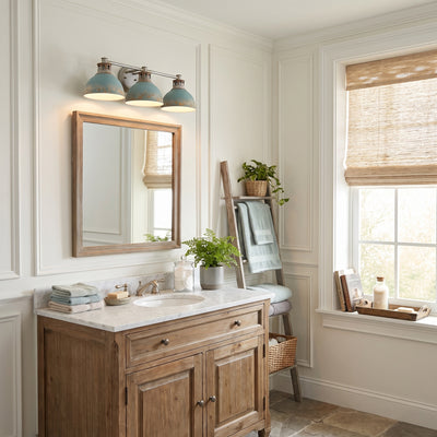 Kinsley 3-light Vanity in Aged Galvanized Steel, AI-visualized powder room scene - Golden Lighting