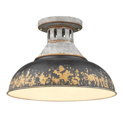 Kinsley Semi-Flush in Aged Galvanized Steel with Antique Black Iron Shade - - Golden Lighting