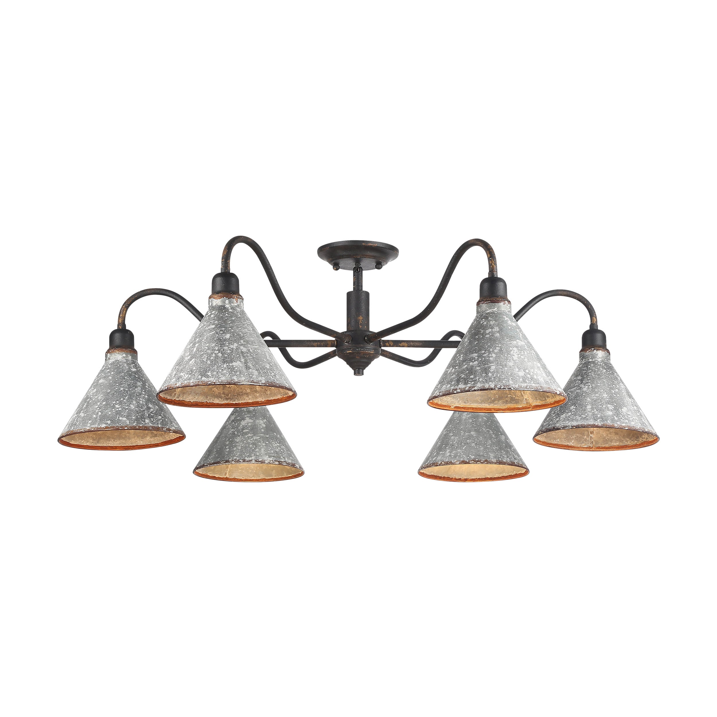 Jasper 6-Light Semi-Flush in Antique Black Iron with Galvanized Steel - Antique Black Iron / Galvanized Steel / Gray - Golden Lighting