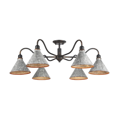 Jasper 6-Light Semi-Flush in Antique Black Iron with Galvanized Steel - Antique Black Iron / Galvanized Steel / Gray - Golden Lighting