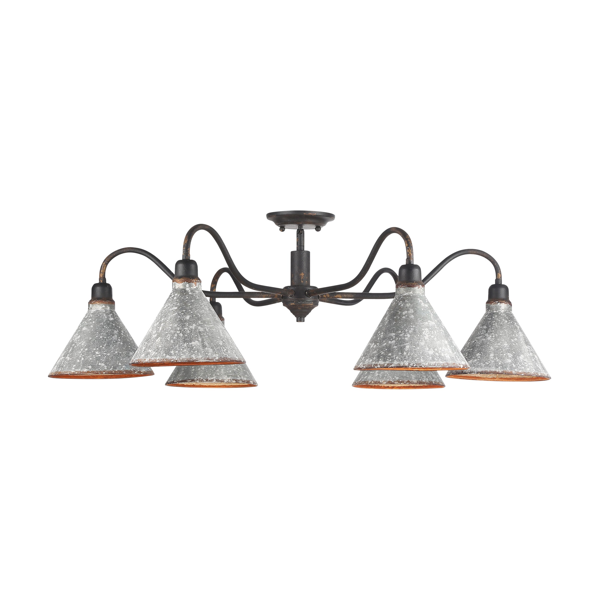 Jasper 6-Light Semi-Flush in Antique Black Iron with Galvanized Steel - - Golden Lighting