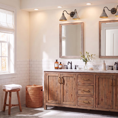 Jasper 2-light Vanity in Antique Black Iron, AI-visualized bathroom scene - Golden Lighting