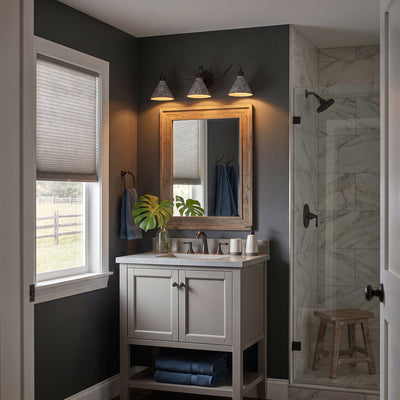 Jasper 3-light Vanity in Antique Black Iron, AI-visualized room scene - Golden Lighting