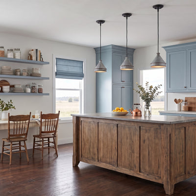Jasper 1-light Pendant in Antique Black Iron, AI-visualized kitchen scene - Golden Lighting