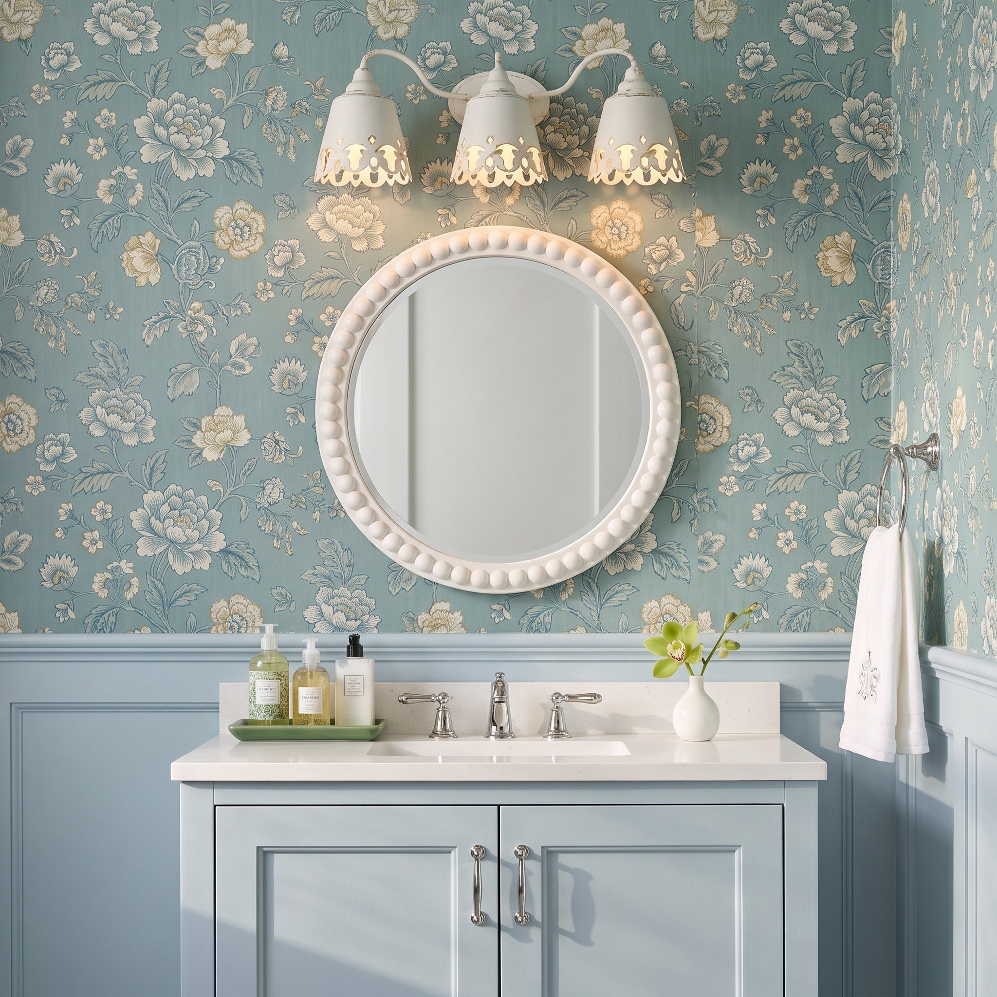 Eloise 3-light Vanity in Antique Ivory, AI-visualized bathroom scene - Golden Lighting