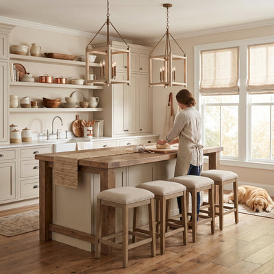 Orville 4-light Pendant in Burnished Chestnut, AI-visualized breakfast nook scene - Golden Lighting