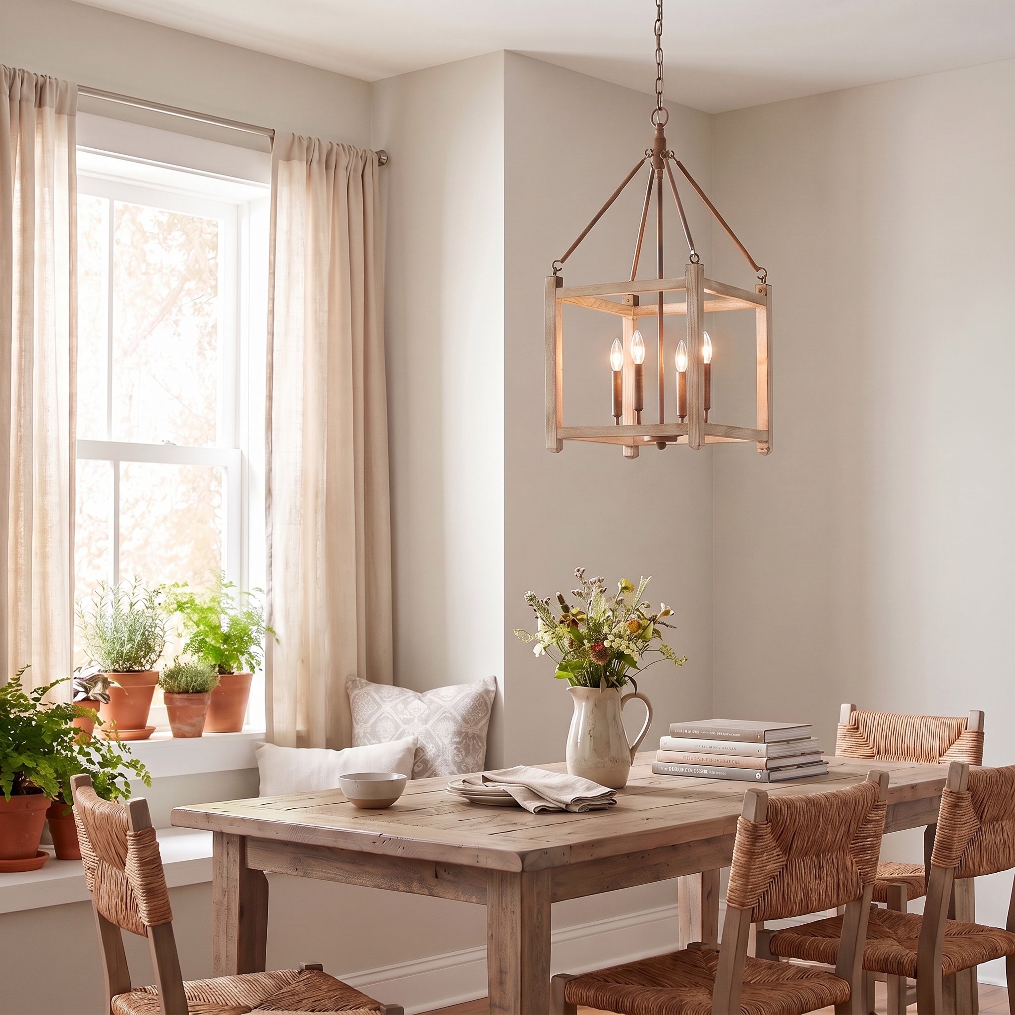 Orville 4-light Pendant in Burnished Chestnut, AI-visualized breakfast nook scene - Golden Lighting