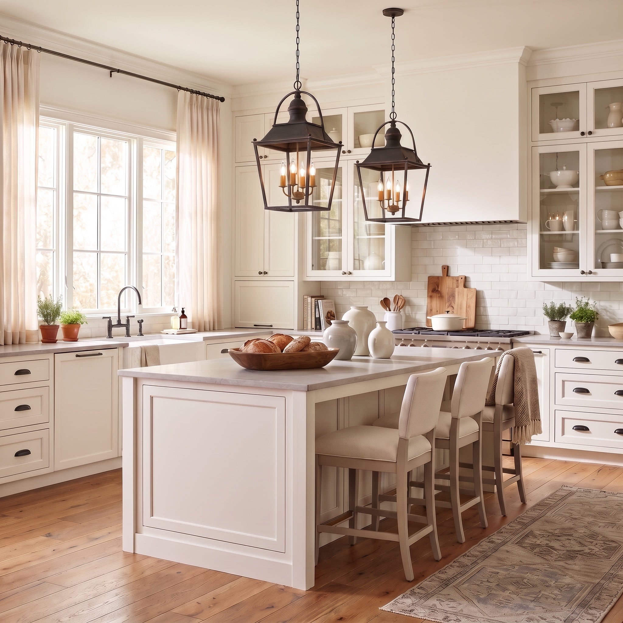Christoff 4-light Pendant in Antique Black Iron, AI-visualized room scene - Golden Lighting