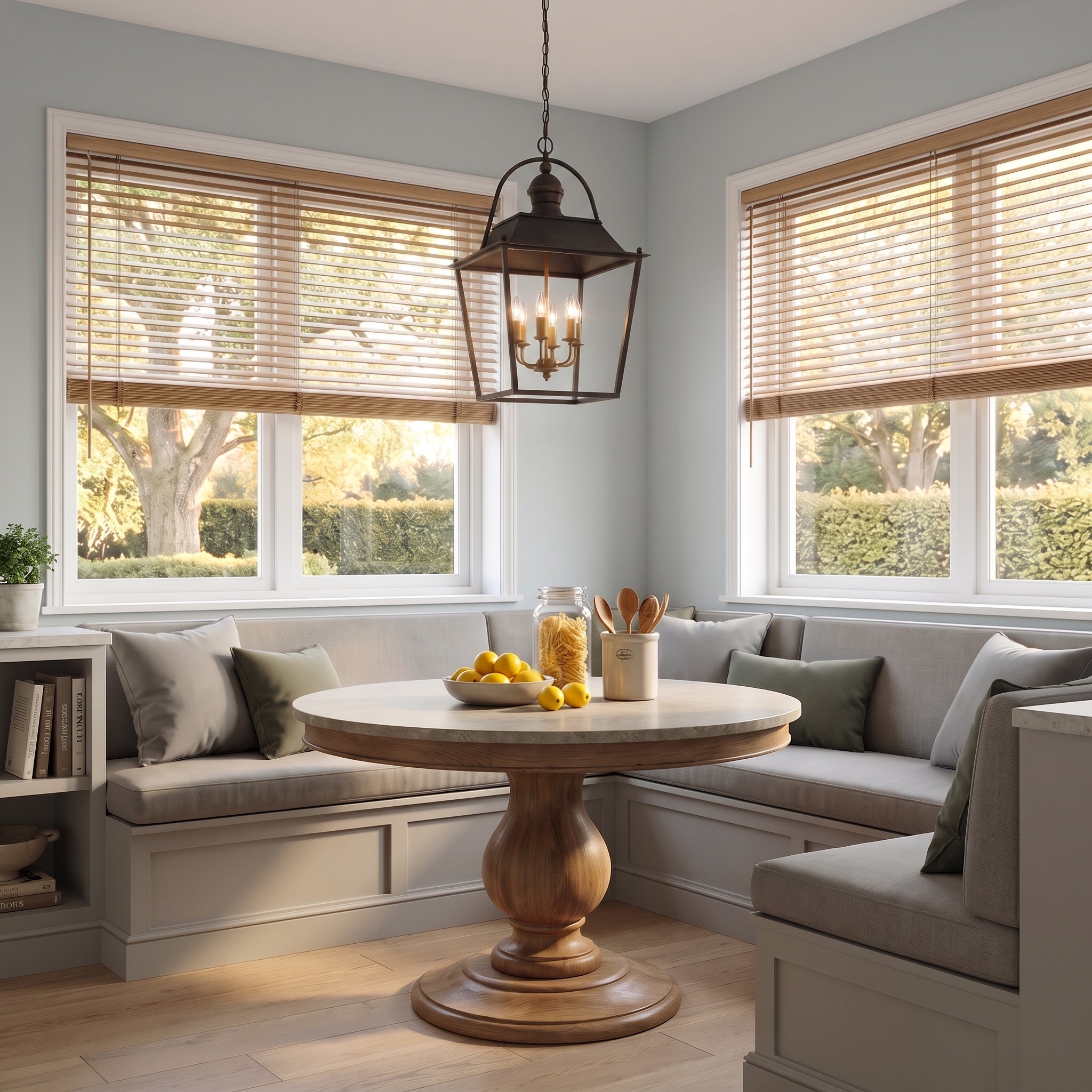 Christoff 6-light Pendant in Antique Black Iron, AI-visualized breakfast nook scene - Golden Lighting