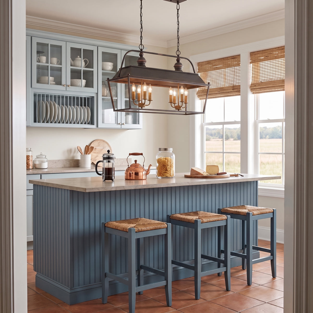 Christoff 8-light Island Light in Antique Black Iron, AI-visualized kitchen scene - Golden Lighting