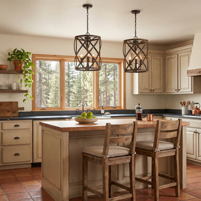 Alcott 3-light Pendant in Antique Black Iron, AI-visualized room scene - Golden Lighting