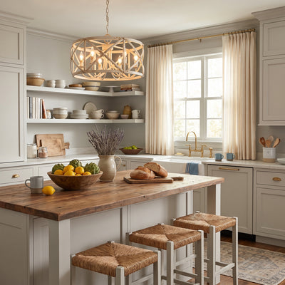 Alcott 6-light Chandelier in Antique Ivory, AI-visualized dining room scene - Golden Lighting