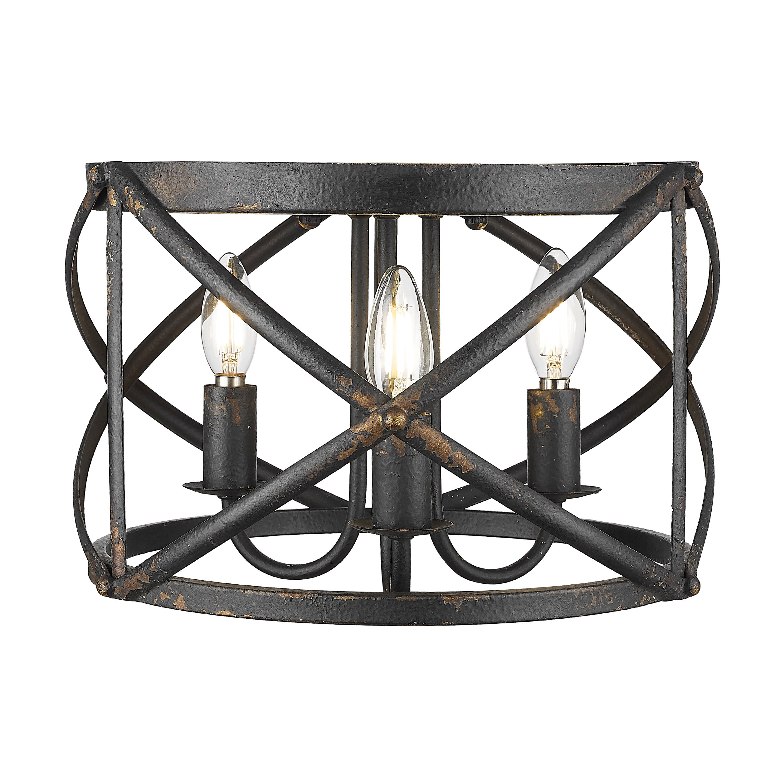 Golden Lighting Alcott 3-light Flush Mount in Antique Black Iron - - Golden Lighting