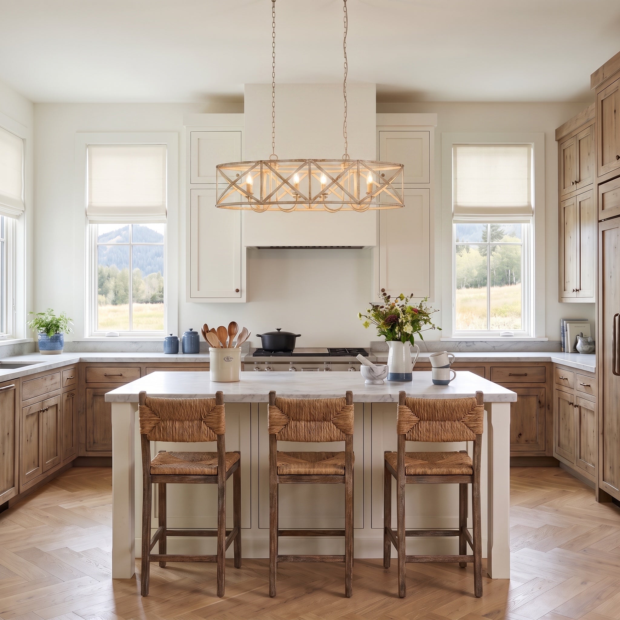 Alcott 8-light Island Light in Antique Ivory, AI-visualized room scene - Golden Lighting