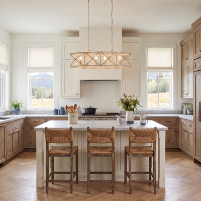 Alcott 8-light Island Light in Antique Ivory, AI-visualized room scene - Golden Lighting