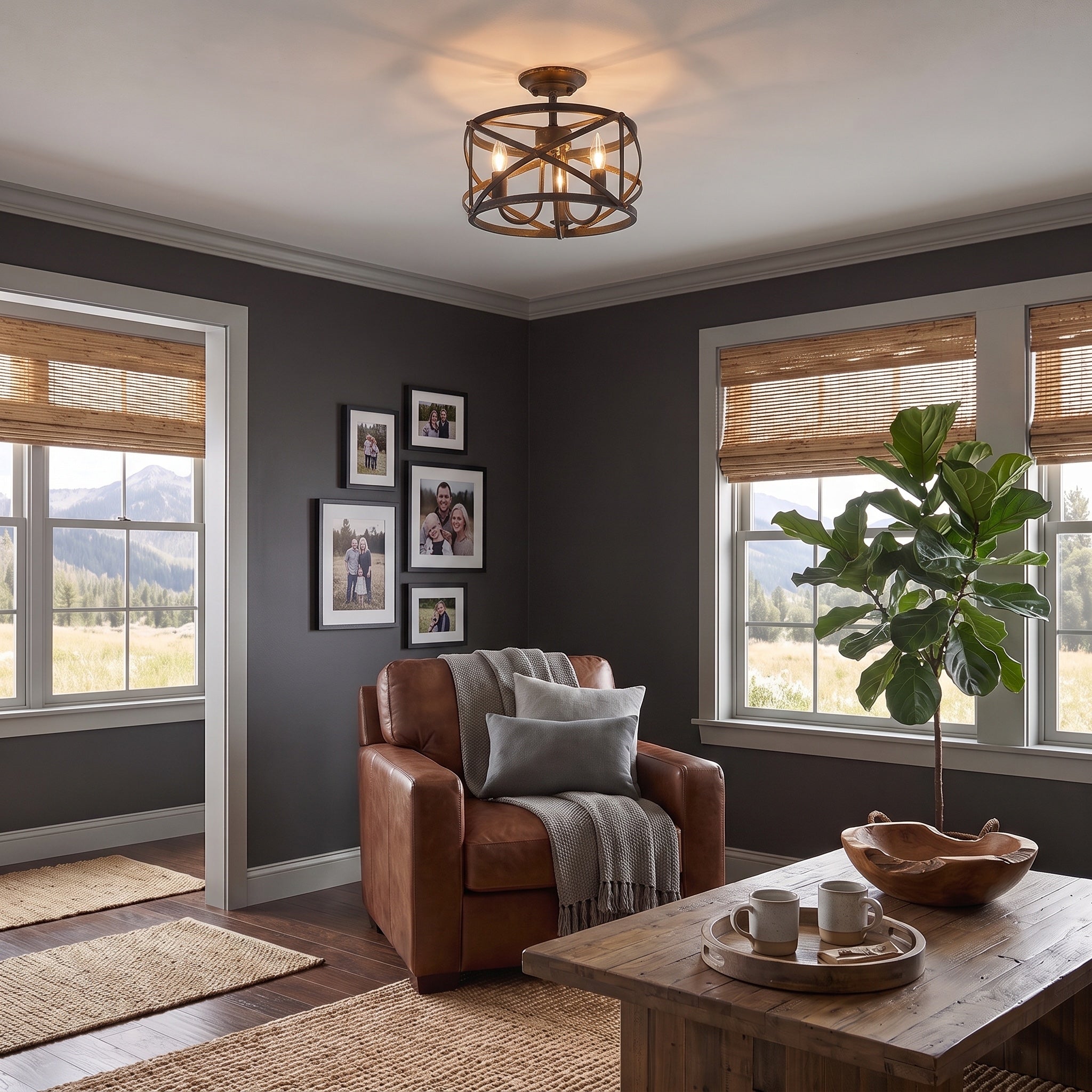 Alcott 3-light Semi-Flush Mount in Antique Black Iron, AI-visualized living room scene - Golden Lighting