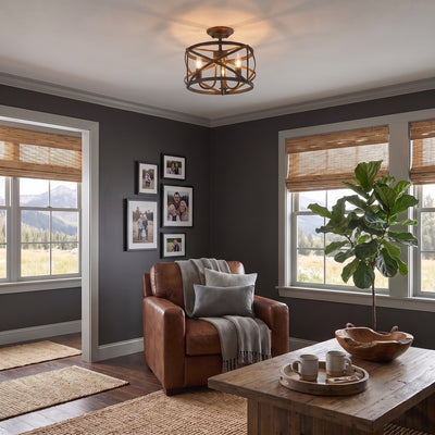 Alcott 3-light Semi-Flush Mount in Antique Black Iron, AI-visualized living room scene - Golden Lighting