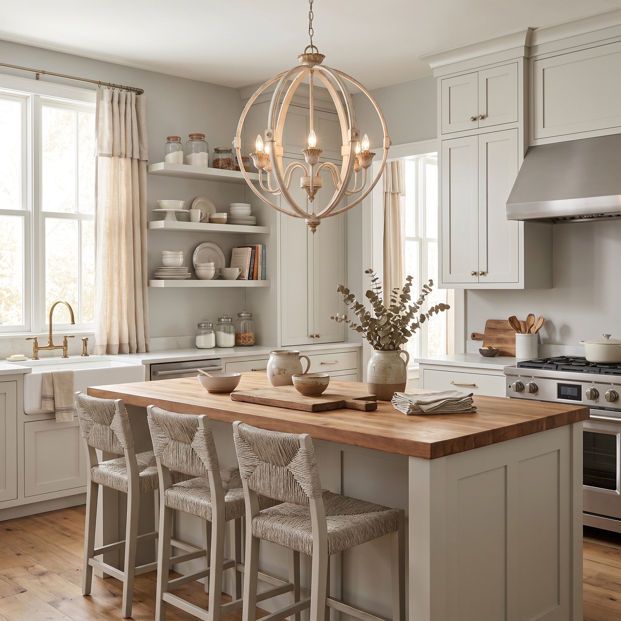 Jules 6-light Chandelier in Antique Ivory, AI-visualized dining room scene - Golden Lighting