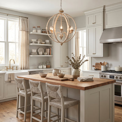 Jules 6-light Chandelier in Antique Ivory, AI-visualized dining room scene - Golden Lighting