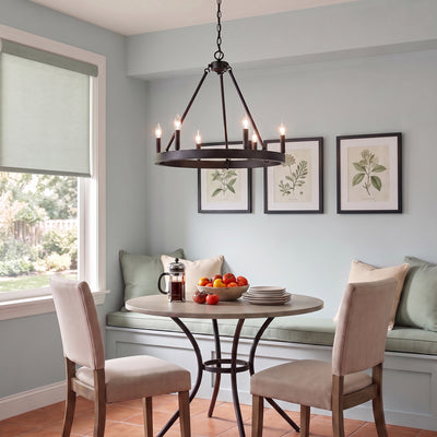 Alastair 6-light Chandelier in Matte Black, AI-visualized breakfast nook scene - Golden Lighting