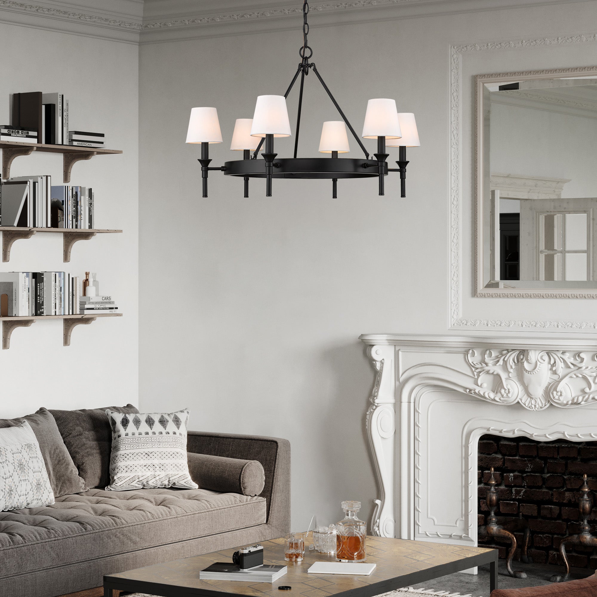 Edinburgh 6-light Chandelier in Matte Black and Modern White shade