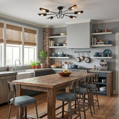 Newton 6-light Semi-Flush Mount in Matte Black, AI-visualized dining room scene - Golden Lighting