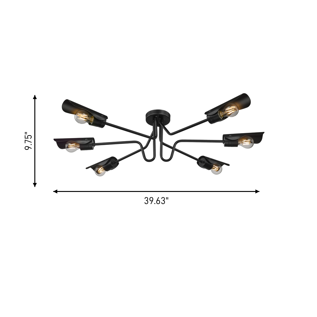 Newton 6-light Semi-Flush Mount in Matte Black, dimensions diagram - Golden Lighting