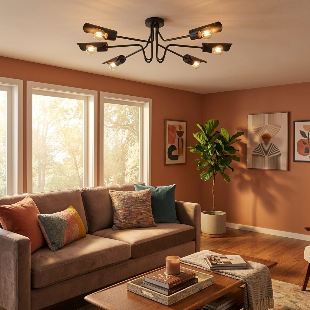 Newton 6-light Semi-Flush Mount in Matte Black, alternate view - Golden Lighting