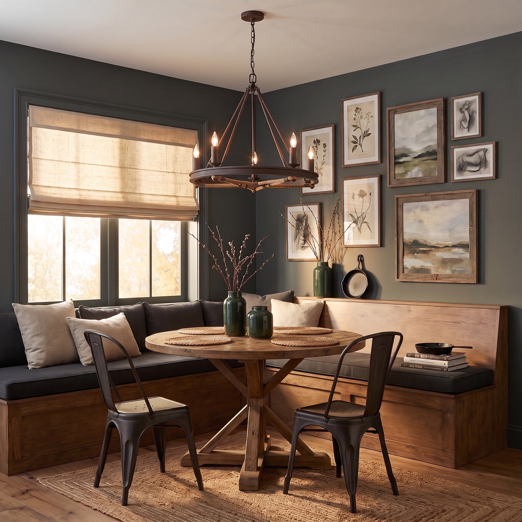 Stokes 5-light Chandelier in Dark Rust, AI-visualized room scene - Golden Lighting