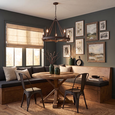 Stokes 5-light Chandelier in Dark Rust, AI-visualized room scene - Golden Lighting