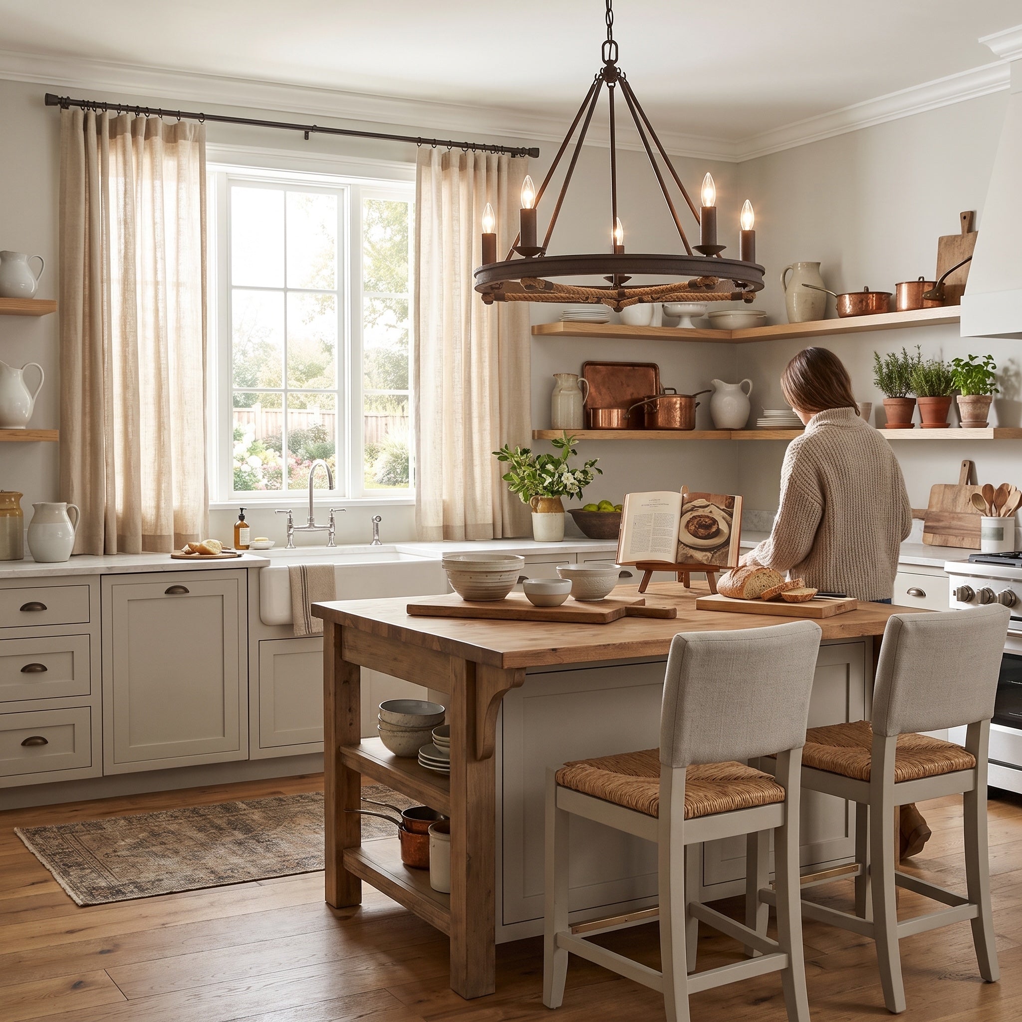 Stokes 5-light Chandelier in Dark Rust, AI-visualized dining room scene - Golden Lighting