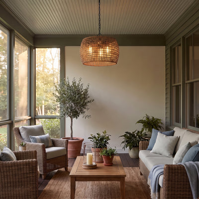 Piper 3-light Outdoor Pendant in Natural Black, AI-visualized porch scene - Golden Lighting