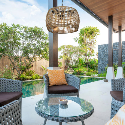 Piper 3 Light Pendant - Outdoor in Natural Black with Maple All-Weather Wicker Shade - Default Title - Golden Lighting