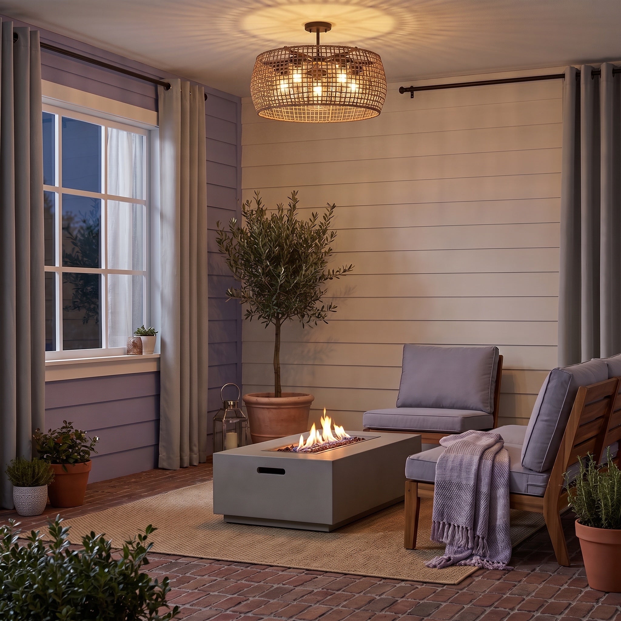 Piper 5-light Outdoor Ceiling in Natural Black, AI-visualized patio scene - Golden Lighting