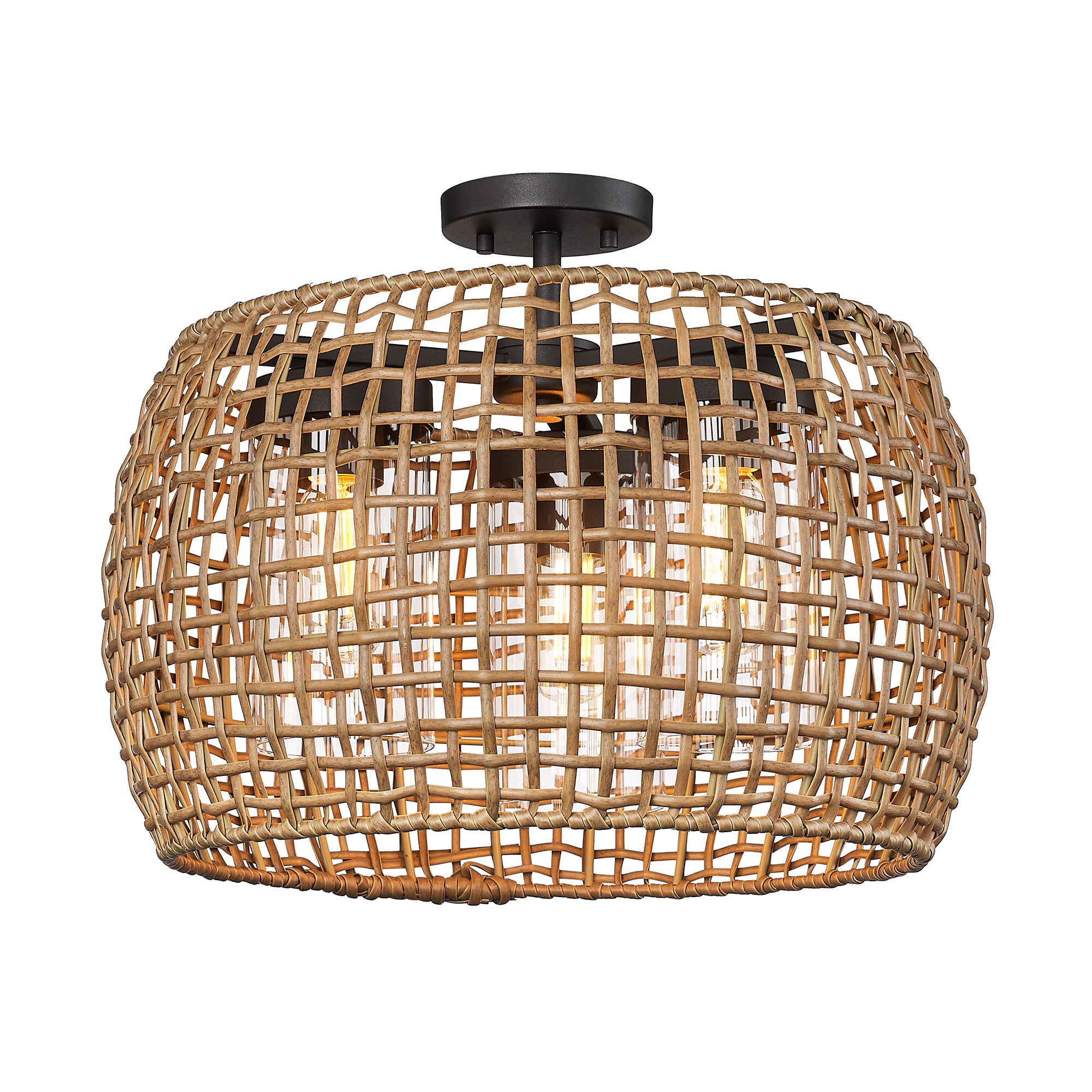 Piper 3 Light Semi-Flush - Outdoor in Natural Black with Maple All-Weather Wicker Shade - - Golden Lighting